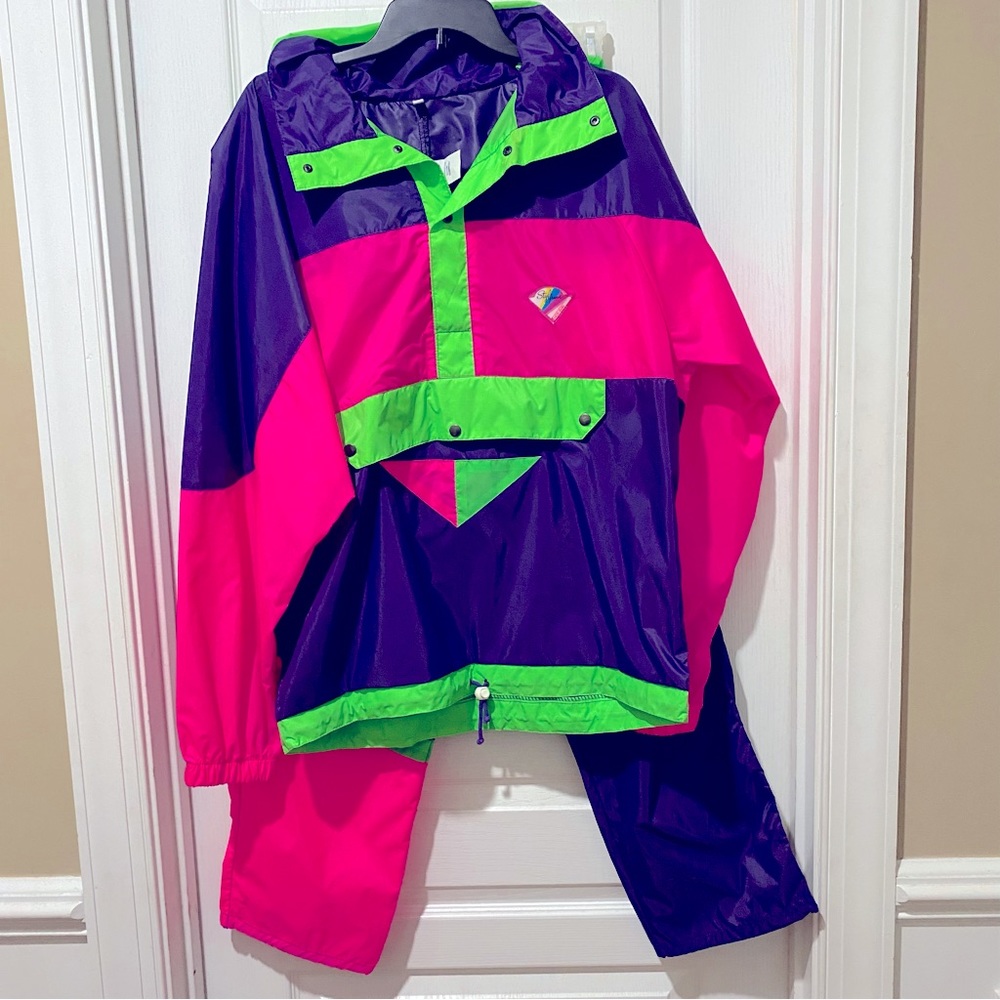 Vintage Colorblock Ski Jacket & Pants - Pink, Purple & Neon Green